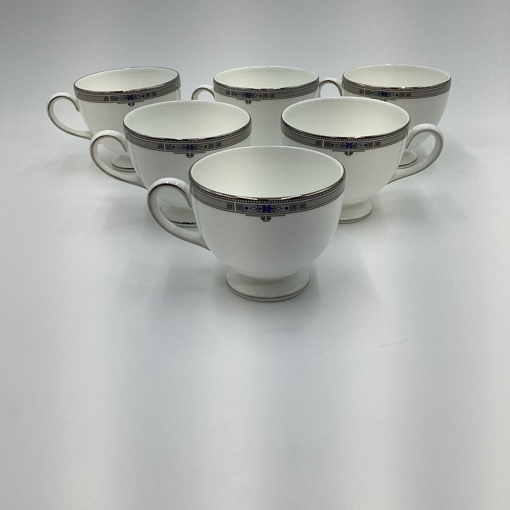 Wedgwood Bone China Tea Cups Set of 6 Grecian‎ Key Silver Blue Trim England